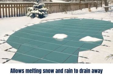 image showing a standard mesh pool cover with snow on it showing that it allows snow to drain away once it melts