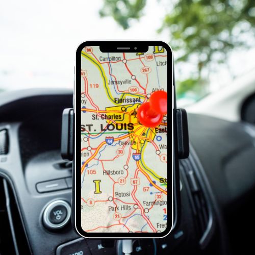 safety-pool-cover-company-in-st-louis-and-st-charles-missouri image showing a cell phone with st louis and st charles pinpointed on it