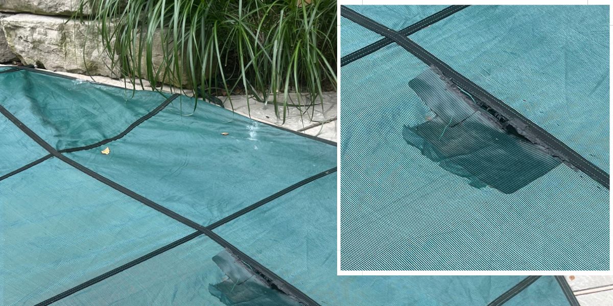 image showing a pool cover that has a patched that has torn away making the cover unsafe and needing to be replaced