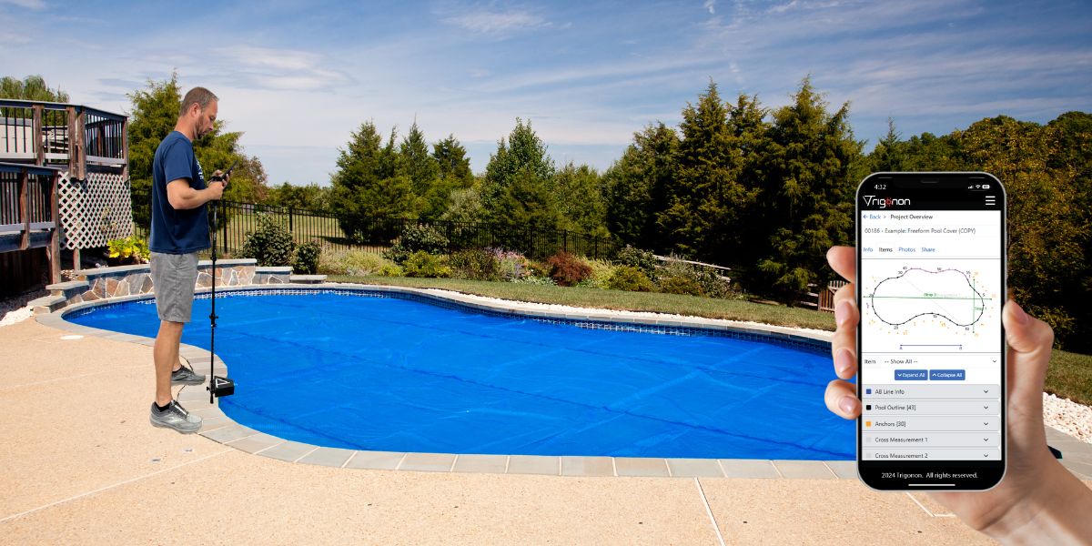 image showing a pool owner using a device and app on his phone to measure a pool himself to get a replacement pool cover