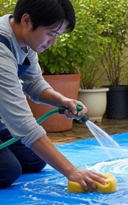picture of man using sponge with soap and a garden hose to clean off his pool cover before he can ship it to Manufacturer