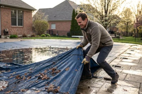 picture of a guy that is pulling off his own pool cover that is wet and will be missing off his pool when he sends it to the manufacturer for them to measure