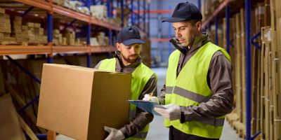 image showing two warehouse clerks that ship product in the warehouse and one is holding large box and the other has a clipboard and they are confused and trying to figure out and issue with the box.