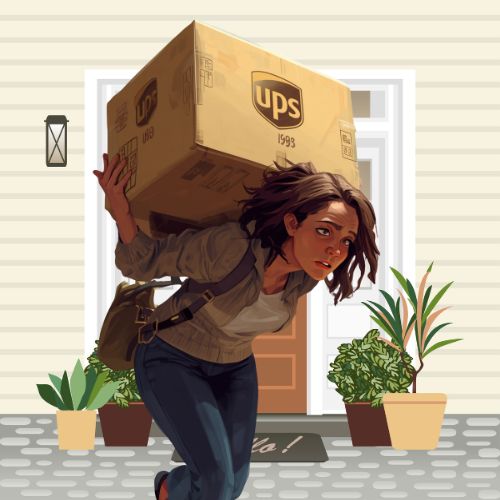 cartoon picture showing pool owner that is a woman trying to carry a huge box with a UPS sticker on it showing her going to the UPS store having to ship a huge heavy pool cover to the Manufacturer